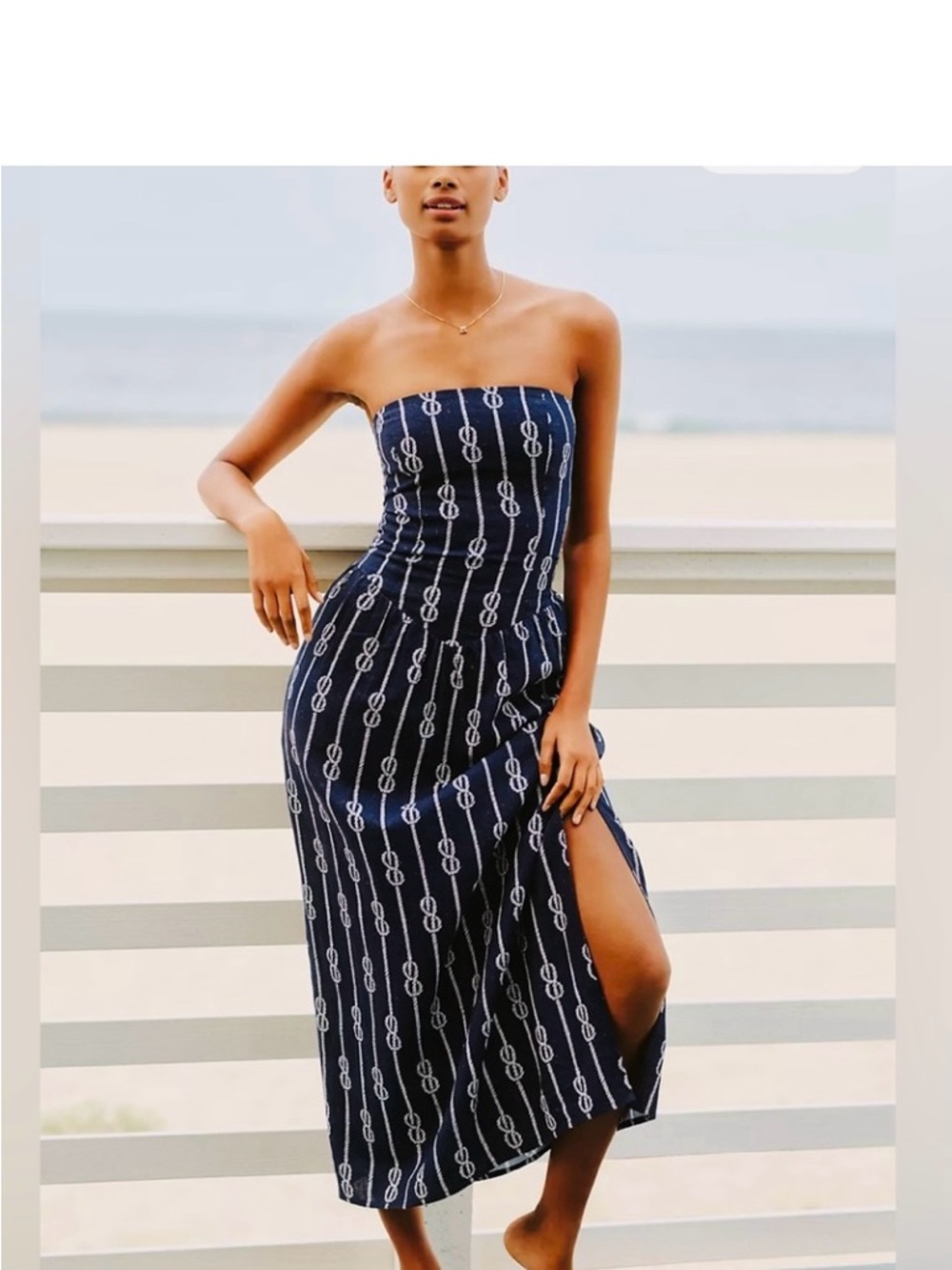 Celandine by Anthropologie Strapless Navy Rope-Print Midi Dress